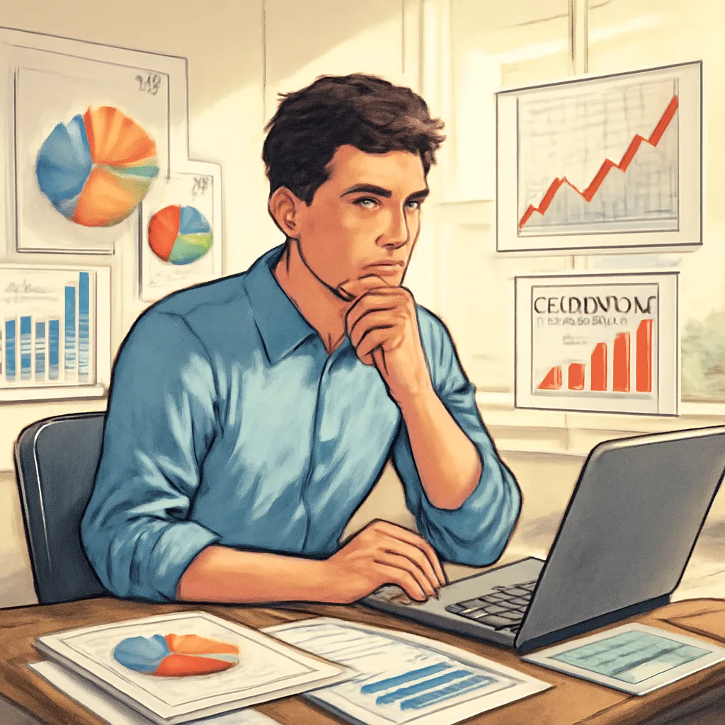 editorial illustration of a young man working at a desk surrounded by financial charts and investment papers, with a tho